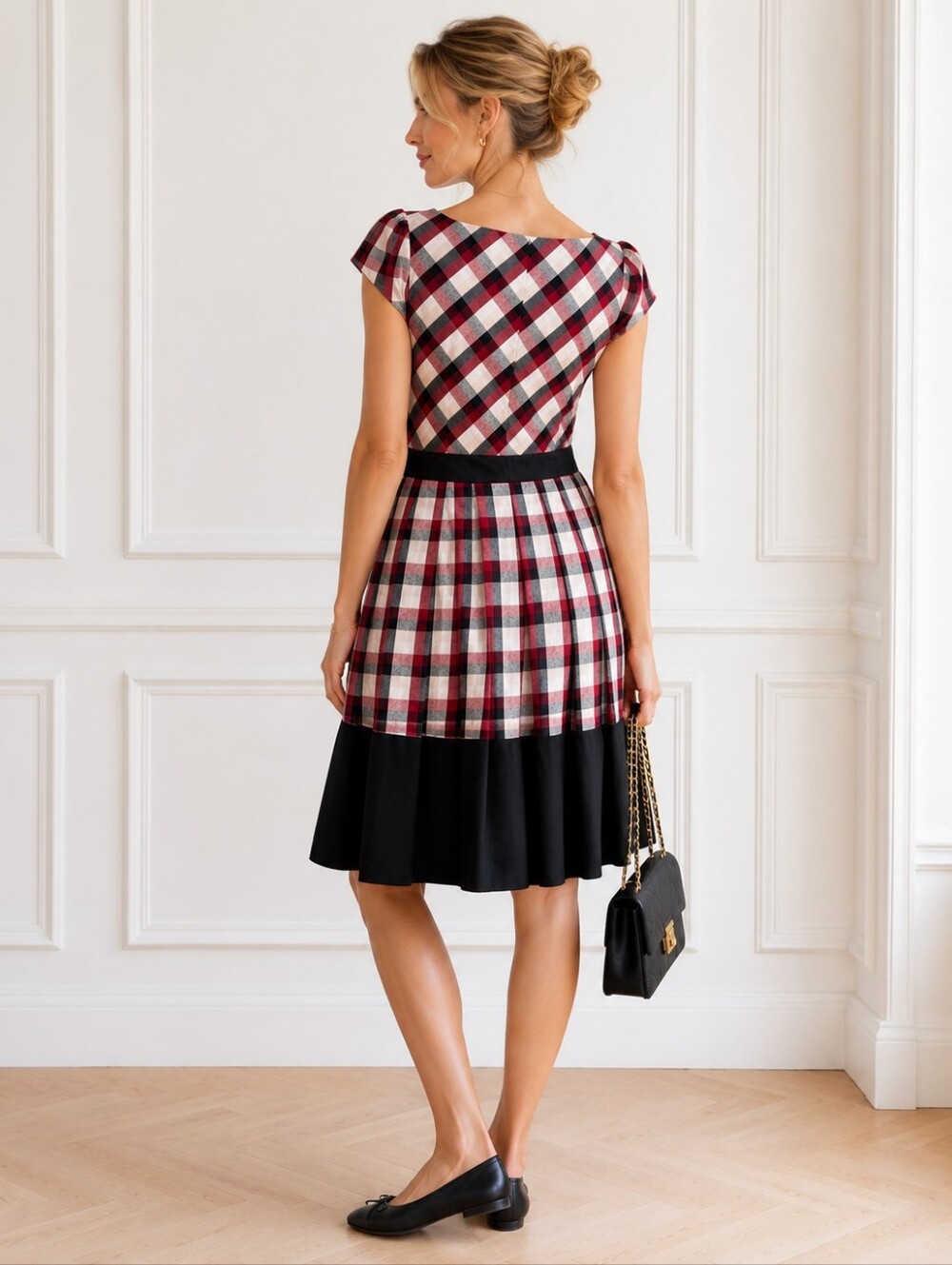 Dear Creatures Plaid Fit & Flare Dress Medium | Retro Bow Waist Cotton Blend | - Picture 2 of 9